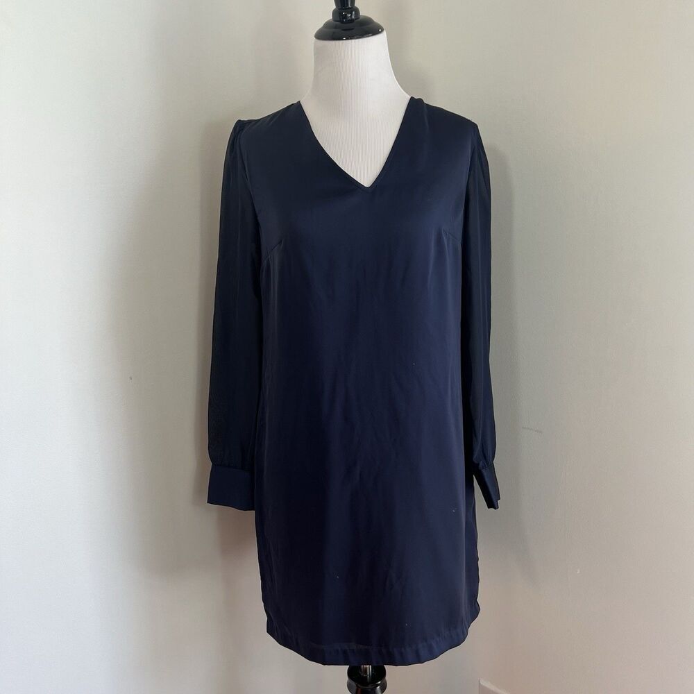 Tevolio Shift Dress Size 4 Navy Chiffon Long Sheer Sleeve